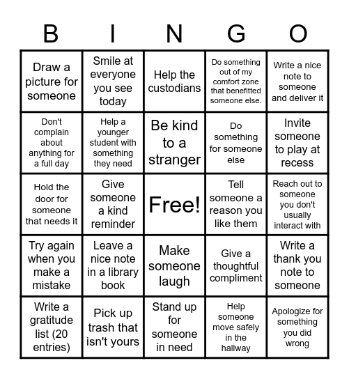 Kindness Bingo Card