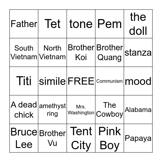 Inside Out and Back Again Bingo Card