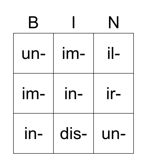 Negative Prefixes - Adjectives Bingo Card