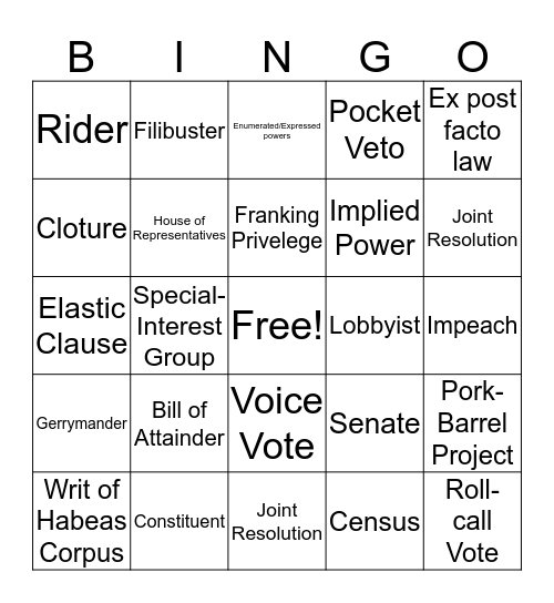 Legislative Branch Bingo Card