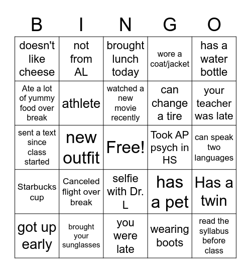 Intro Psych Auburn 1st Day Bingo Card