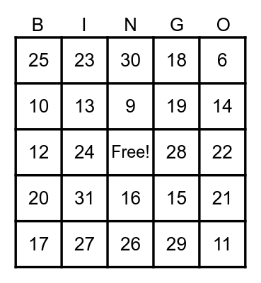 NUMBER BINGO Card