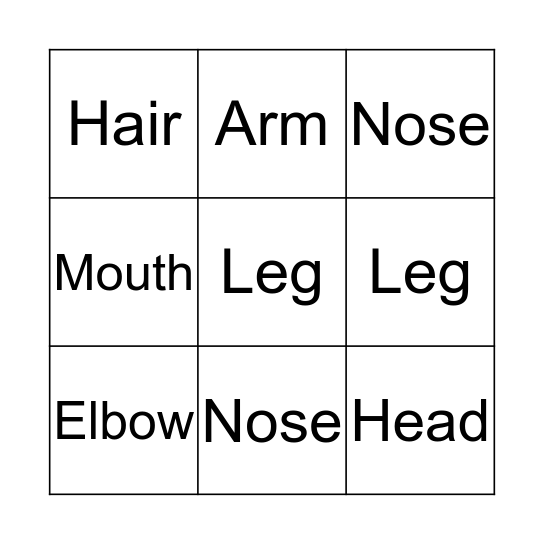 Body Parts Bingo Card