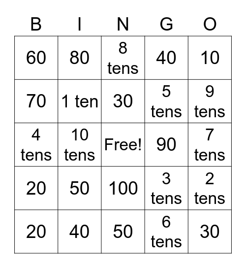 Counting by 10's Bingo Card