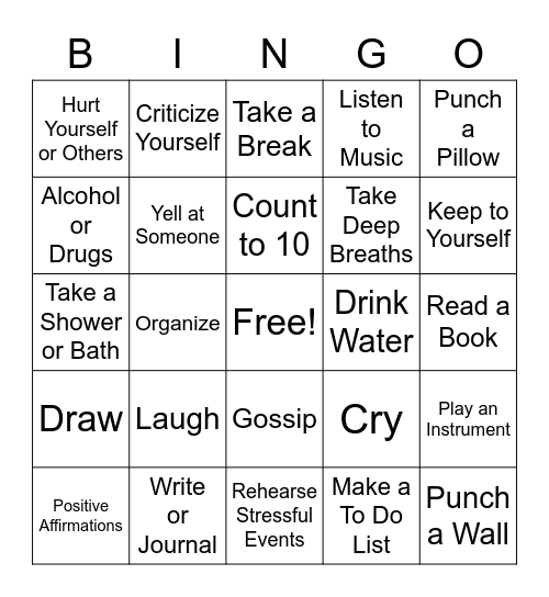 Coping Skills Bingo Card