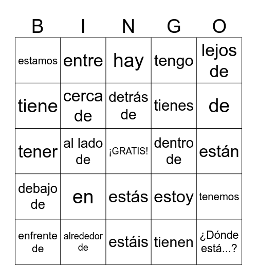 Spanish Prepositions with Estar Bingo Card