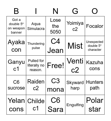 Genshin 2023 Bingo Card