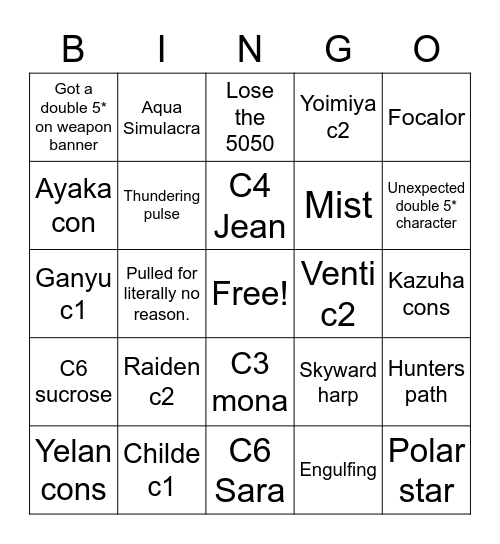 Genshin 2023 Bingo Card