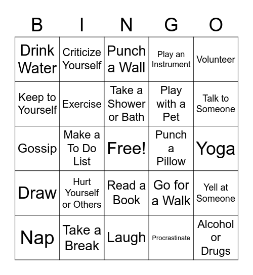 Coping Skills Bingo Card