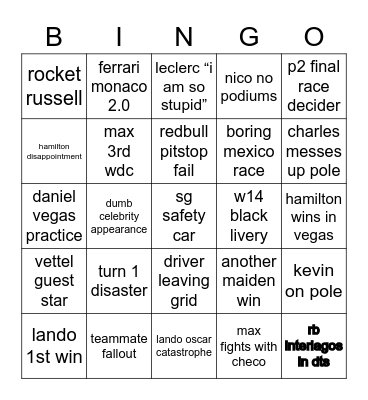 F1 BINGO CARD Bingo Card