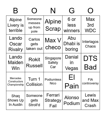 F1 2023 Season Bingo Card