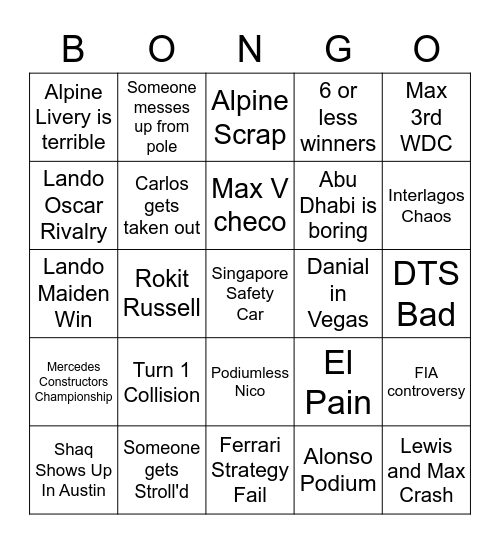 F1 2023 Season Bingo Card