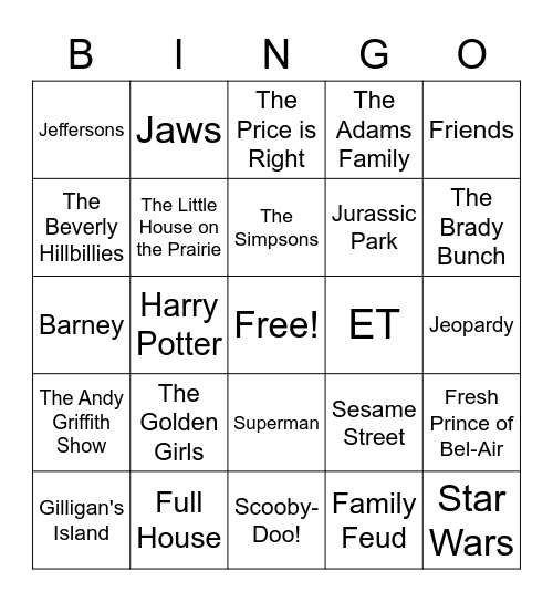 Theme Song/TV/Movies Bingo Card