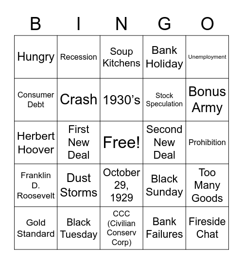 The Not-So-Great Depression Bingo Card