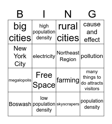 Population Density Bingo Card