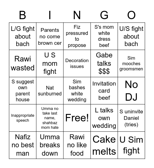 Wedding Disaster Bingo A Bingo Card