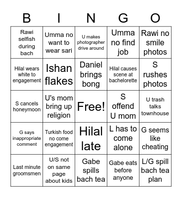 Wedding Disaster B Bingo Card