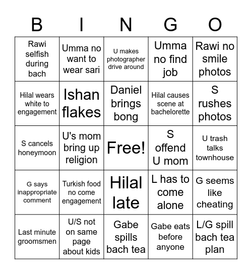 Wedding Disaster B Bingo Card