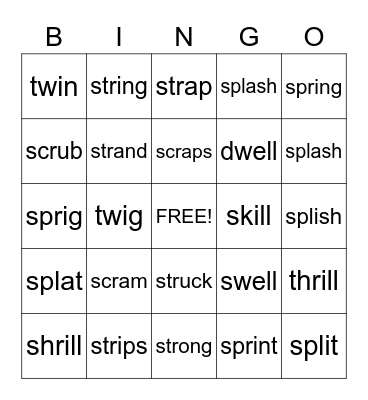Three Letter Blends Bingo Card