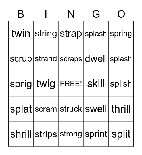 Three Letter Blends Bingo Card