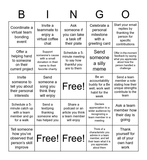 Team Appreciation Bingo! Bingo Card