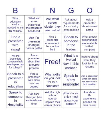 Columbine Career Fair Bingo (Show your completed BINGO to a counselor to enter the drawing) Bingo Card