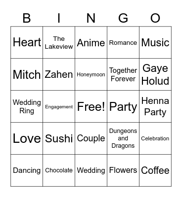 Mitch and Zahen's Gaye Holud Bingo Card