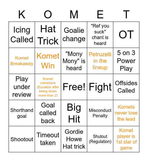 Komets Game Night Bingo Card