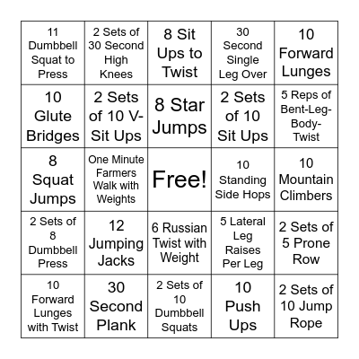 Fitness Bingo Card