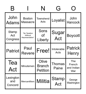 The Road to the Revolution Bingo Card