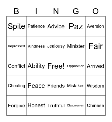 The House of Peace Bingo Card