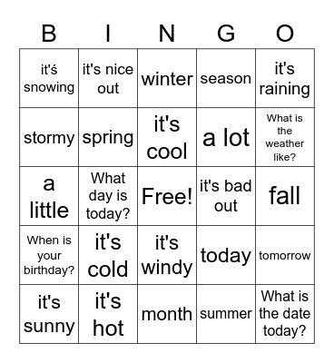 El Tiempo (listening in Spanish) Bingo Card