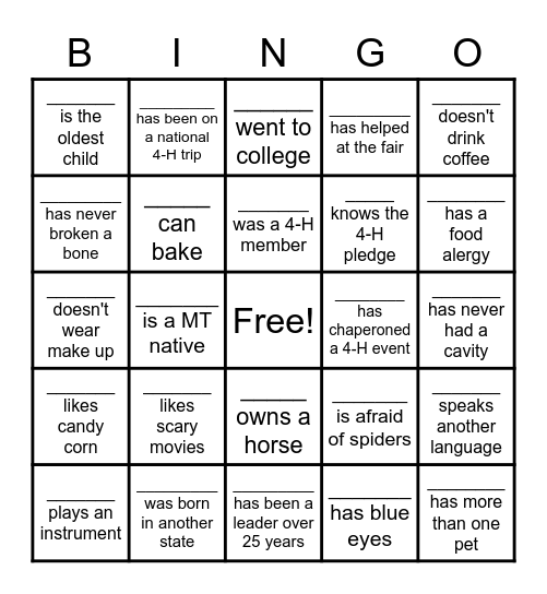 Flathead 4-H Leader Bingo Card