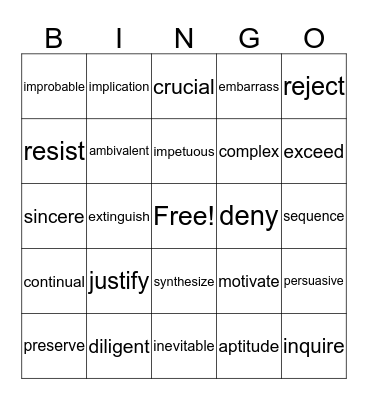 Vocabulary 4 Bingo Card