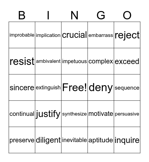 Vocabulary 4 Bingo Card