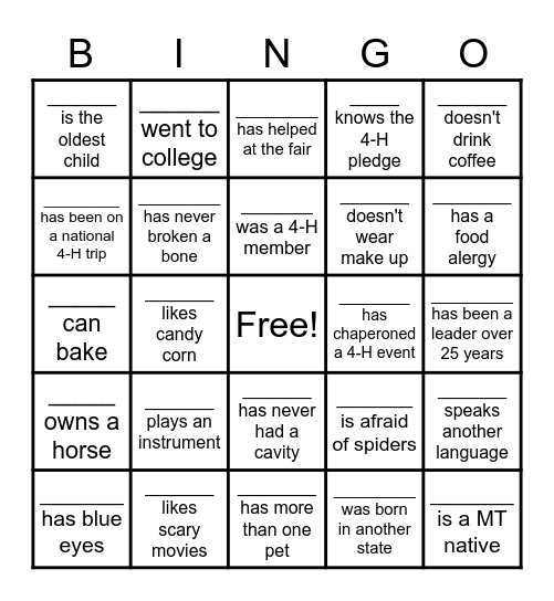 Flathead 4-H Leader Bingo Card