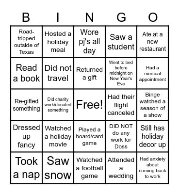 Winter Break BINGO Card