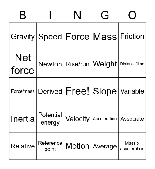 Forces and Motion Bingo Card