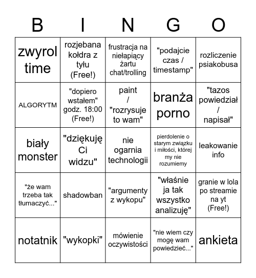 Wataha livestream Bingo Card