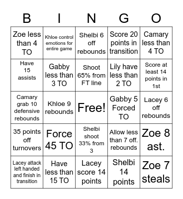 Lady owls vs PCA Bingo Card
