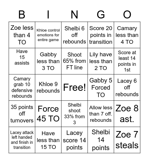 Lady owls vs PCA Bingo Card