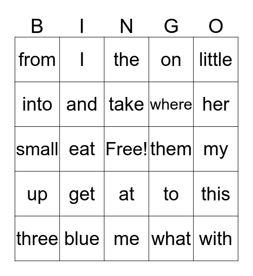 Sight Words Bingo Card