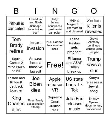 2023 Predictions Bingo Card