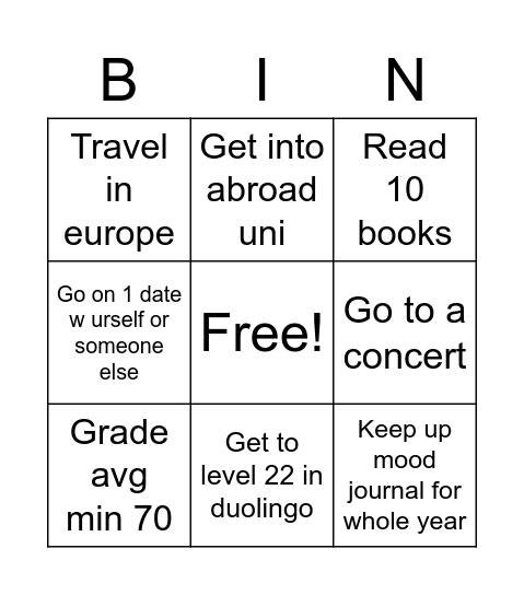 2023 Goals Bingo Card