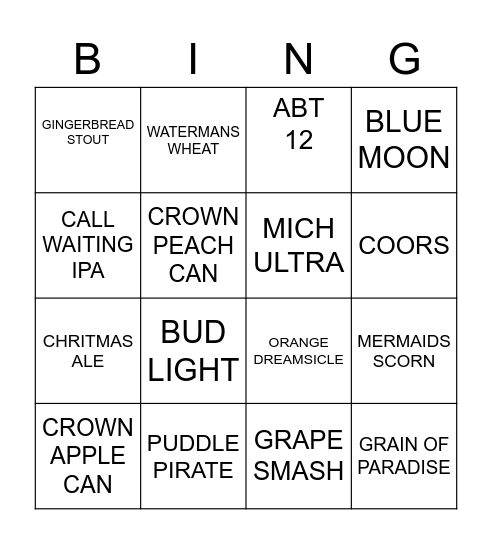 BEER BINGO Card