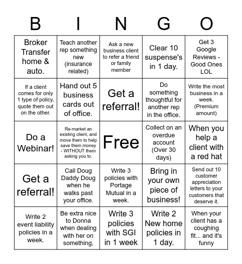 INSURANCE BINGO Card