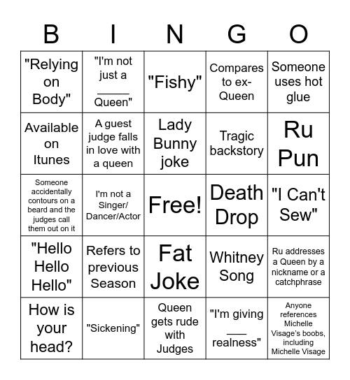 Drag Race Bingo Card