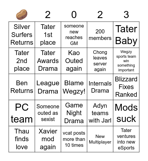 Tater 2023 Bingo Card