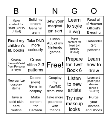 New Years Goals Bingo Card