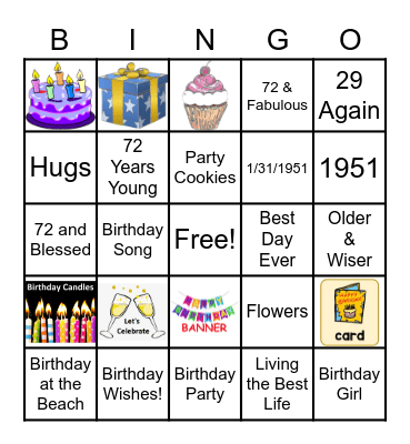 Doretha's 72nd  Birthday Bingo Card